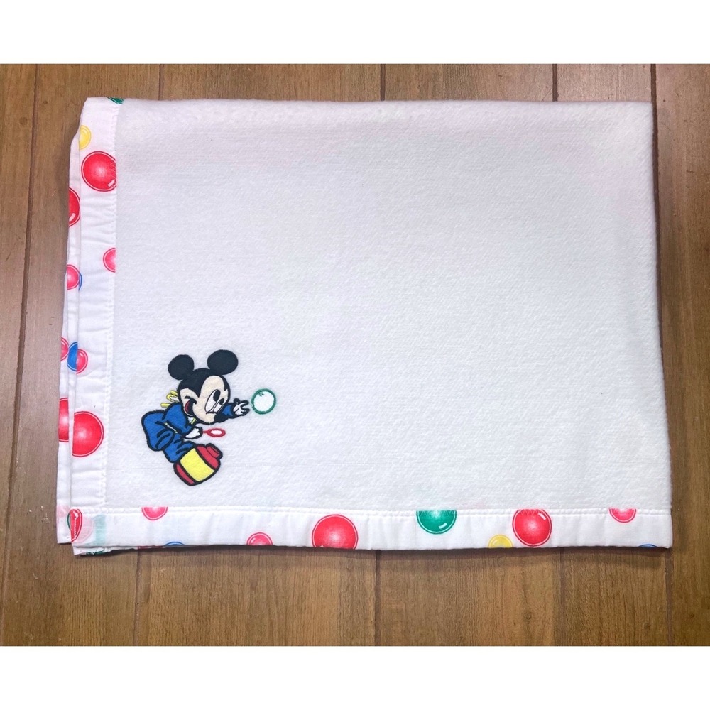 Vintage Disney Mickey Mouse Bubbles Baby Blanket Polka Dot Trim White USA Made